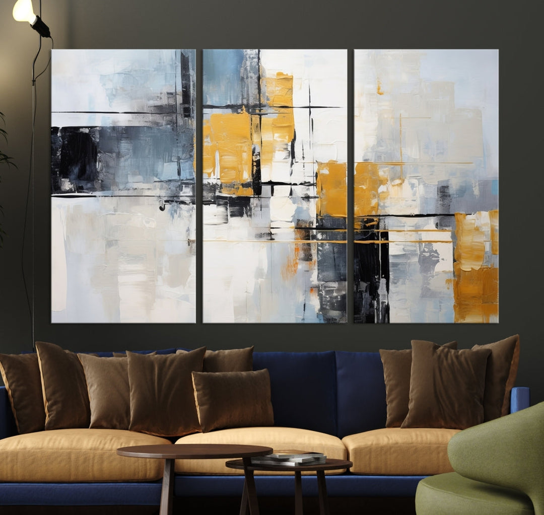 Modern living room featuring a Black Orange Abstract Wall Art Print Contemporary Canvas Print.