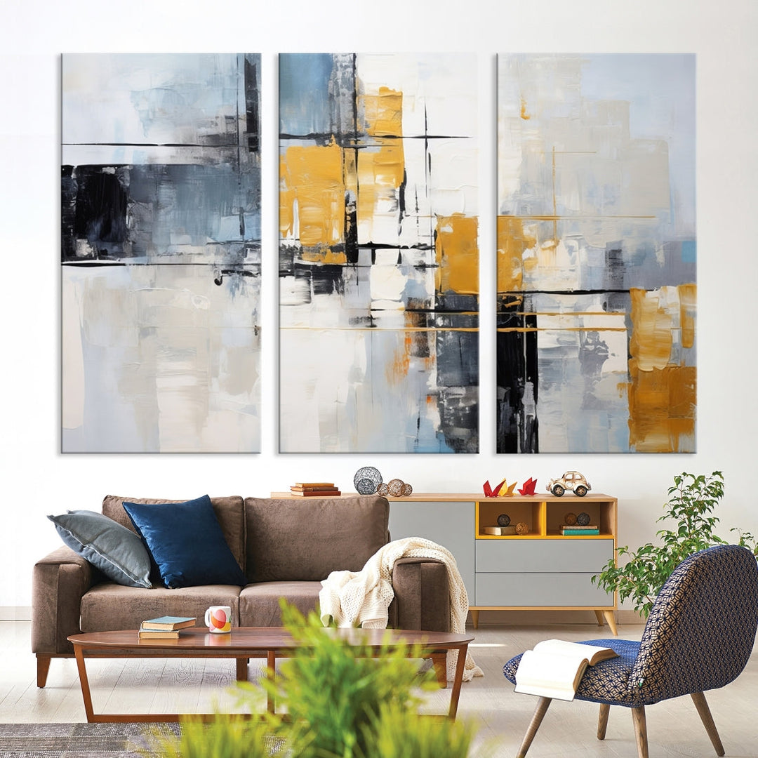 Modern living room featuring a Black Orange Abstract Wall Art Print Contemporary Canvas Print.