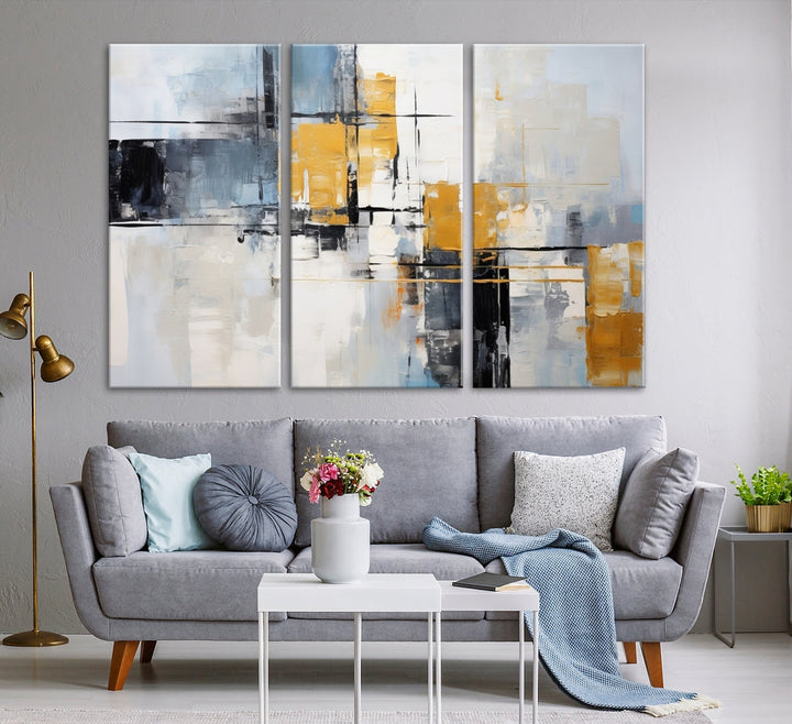 Modern living room featuring a Black Orange Abstract Wall Art Print Contemporary Canvas Print.