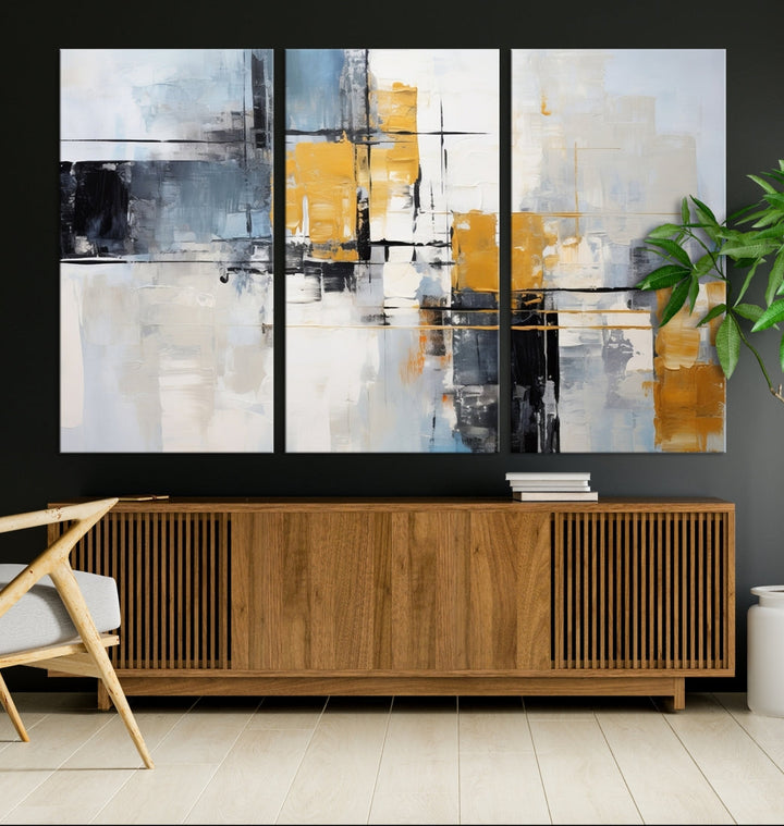 Modern living room featuring a Black Orange Abstract Wall Art Print Contemporary Canvas Print.