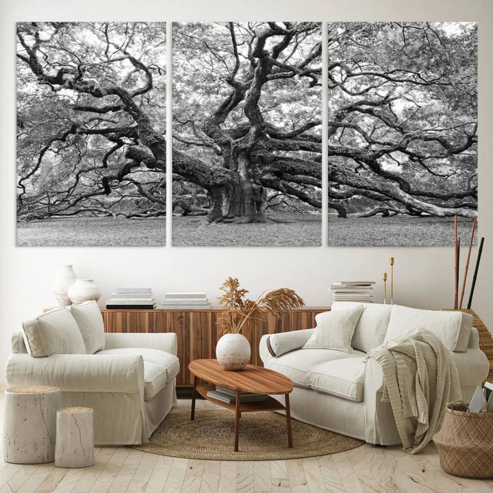 The timeless nature-inspired Black White Angel Oak Tree Wall Art beautifully adorns a modern living room as a triptych. Creating a harmonious blend of style and serenity, this piece elegantly infuses the space with its striking imagery.