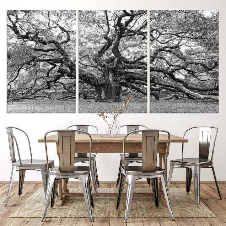 The timeless nature-inspired Black White Angel Oak Tree Wall Art beautifully adorns a modern living room as a triptych. Creating a harmonious blend of style and serenity, this piece elegantly infuses the space with its striking imagery.