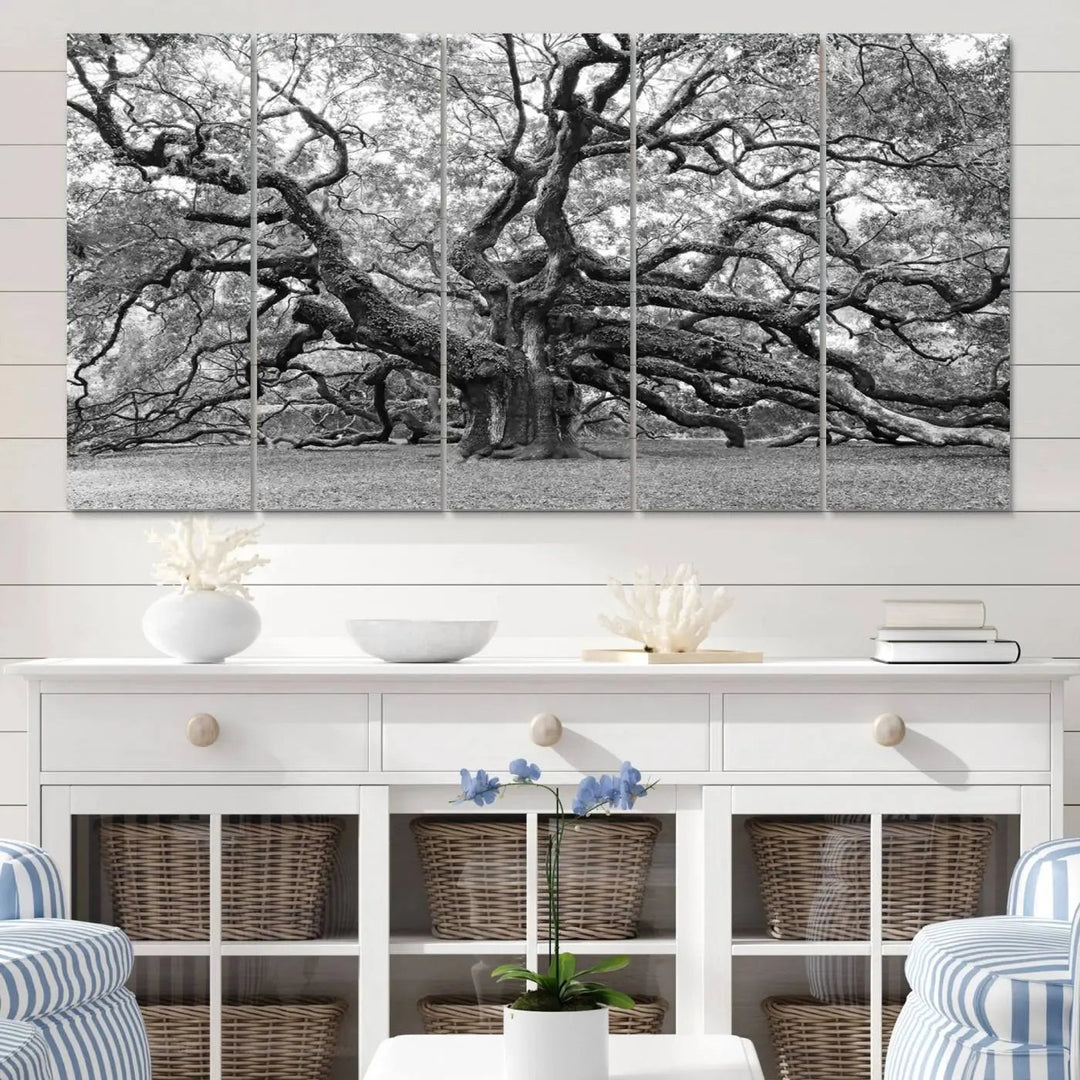 The timeless nature-inspired Black White Angel Oak Tree Wall Art beautifully adorns a modern living room as a triptych. Creating a harmonious blend of style and serenity, this piece elegantly infuses the space with its striking imagery.