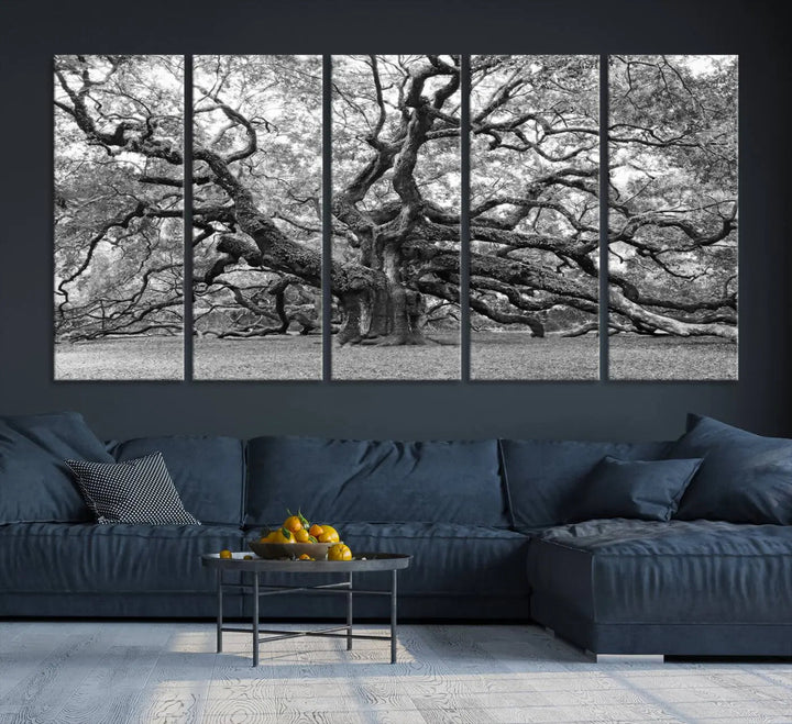 The timeless nature-inspired Black White Angel Oak Tree Wall Art beautifully adorns a modern living room as a triptych. Creating a harmonious blend of style and serenity, this piece elegantly infuses the space with its striking imagery.