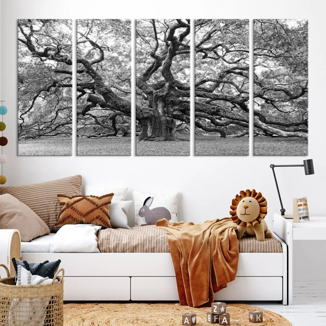 The timeless nature-inspired Black White Angel Oak Tree Wall Art beautifully adorns a modern living room as a triptych. Creating a harmonious blend of style and serenity, this piece elegantly infuses the space with its striking imagery.