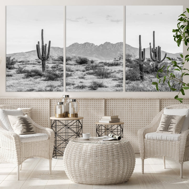 The modern living room showcases the "Black White Arizona Desert Canvas Wall Art Cactus Farmhouse Wall Art," a triptych consisting of gallery-wrapped, museum-quality black-and-white desert landscape photographs featuring cacti.