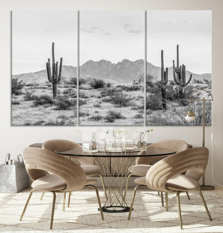 The modern living room showcases the "Black White Arizona Desert Canvas Wall Art Cactus Farmhouse Wall Art," a triptych consisting of gallery-wrapped, museum-quality black-and-white desert landscape photographs featuring cacti.