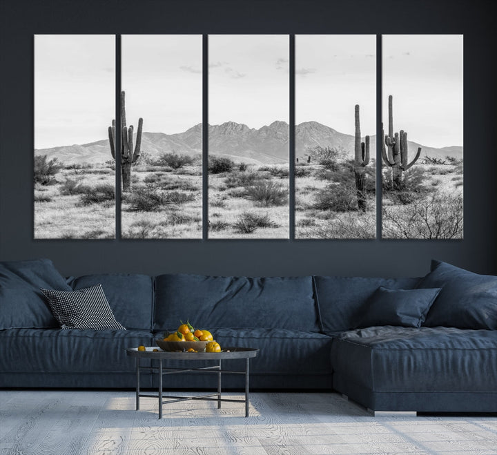 The modern living room showcases the "Black White Arizona Desert Canvas Wall Art Cactus Farmhouse Wall Art," a triptych consisting of gallery-wrapped, museum-quality black-and-white desert landscape photographs featuring cacti.