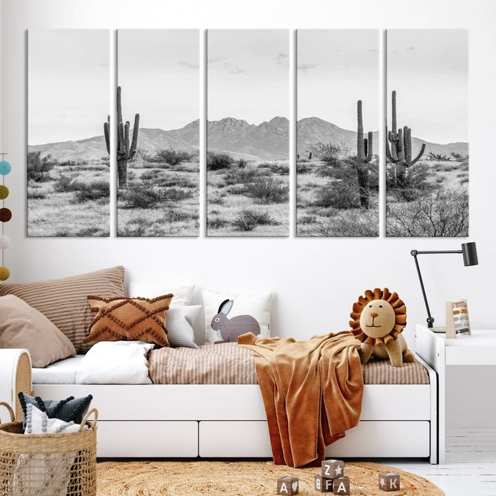 The modern living room showcases the "Black White Arizona Desert Canvas Wall Art Cactus Farmhouse Wall Art," a triptych consisting of gallery-wrapped, museum-quality black-and-white desert landscape photographs featuring cacti.