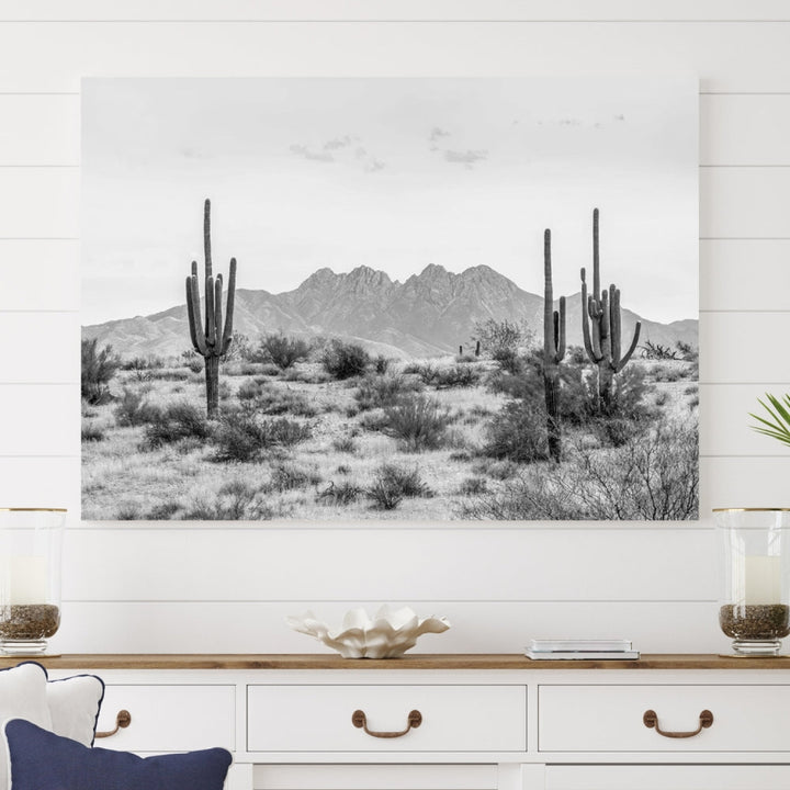 The modern living room showcases the "Black White Arizona Desert Canvas Wall Art Cactus Farmhouse Wall Art," a triptych consisting of gallery-wrapped, museum-quality black-and-white desert landscape photographs featuring cacti.