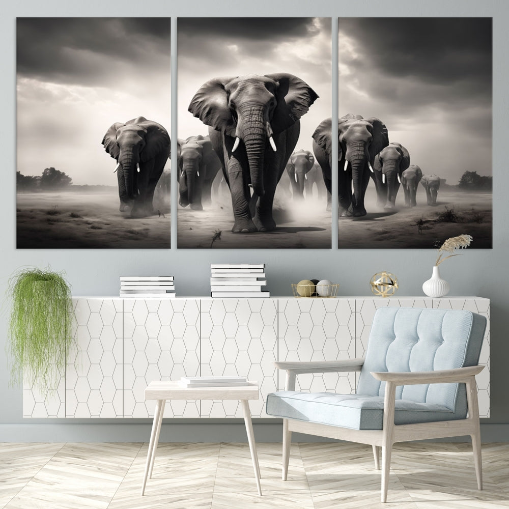 The Black White Elephant Family Wall Art Canvas Print is a stunning triptych artwork featuring elephants marching, displayed on a museum-quality canvas. Enjoy its UV-protective coating that ensures lasting beauty.