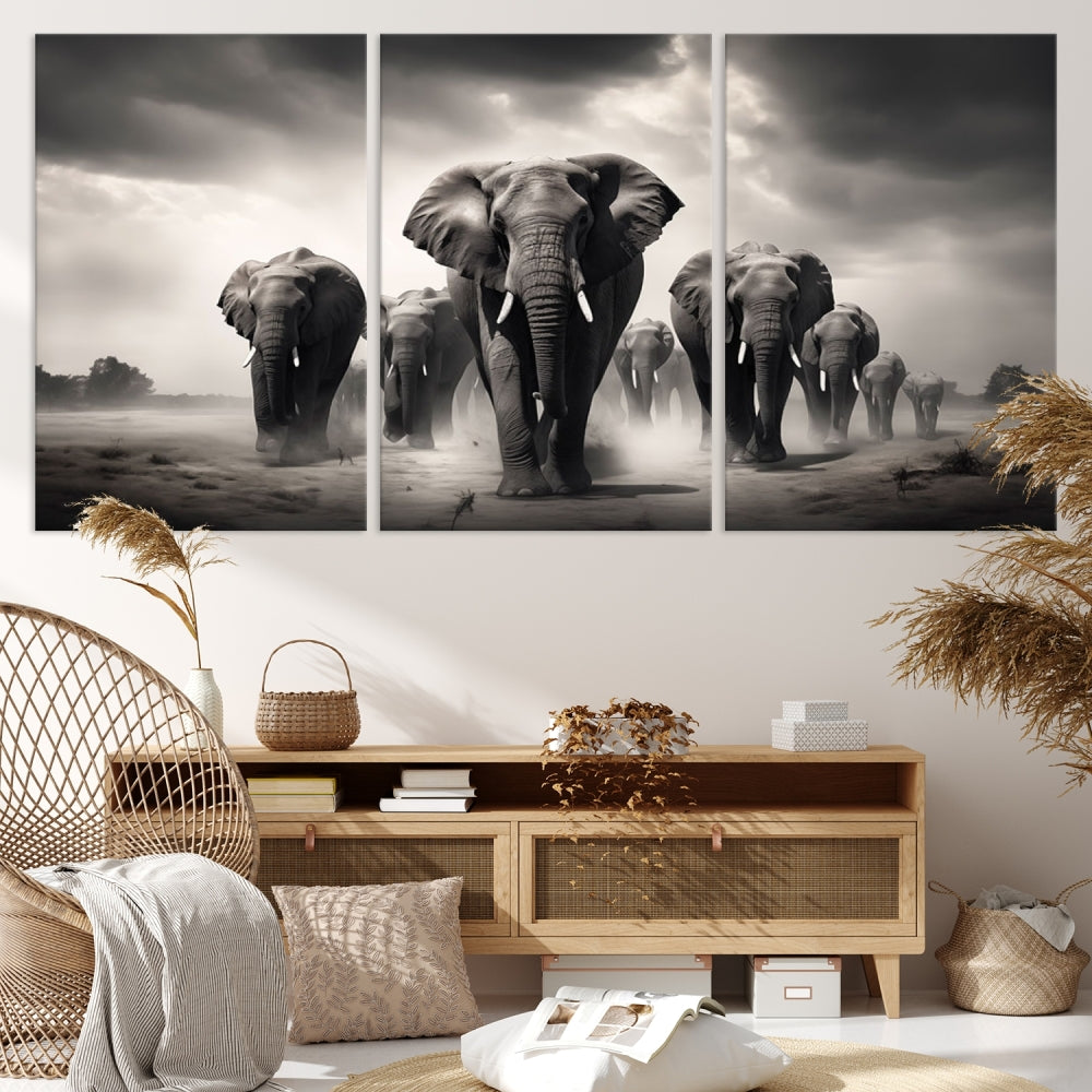 The Black White Elephant Family Wall Art Canvas Print is a stunning triptych artwork featuring elephants marching, displayed on a museum-quality canvas. Enjoy its UV-protective coating that ensures lasting beauty.