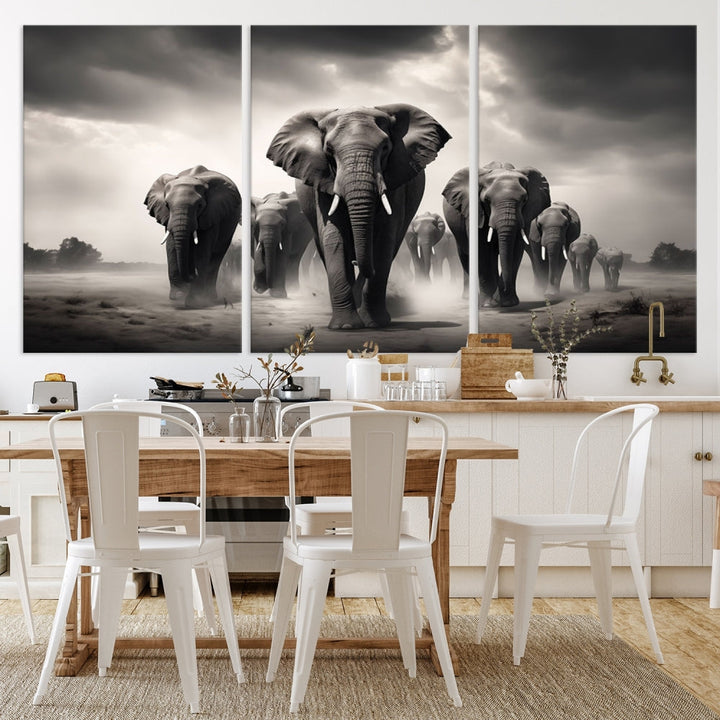 The Black White Elephant Family Wall Art Canvas Print is a stunning triptych artwork featuring elephants marching, displayed on a museum-quality canvas. Enjoy its UV-protective coating that ensures lasting beauty.