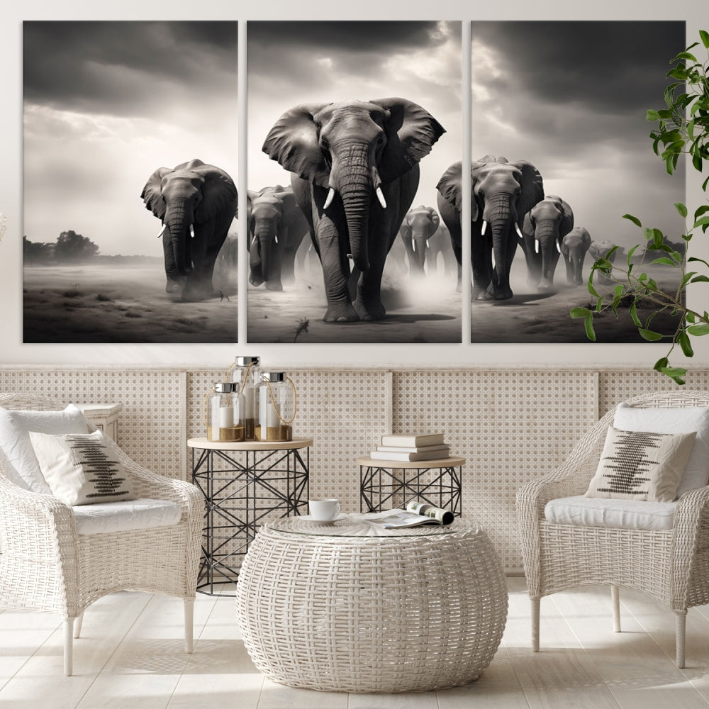 The Black White Elephant Family Wall Art Canvas Print is a stunning triptych artwork featuring elephants marching, displayed on a museum-quality canvas. Enjoy its UV-protective coating that ensures lasting beauty.