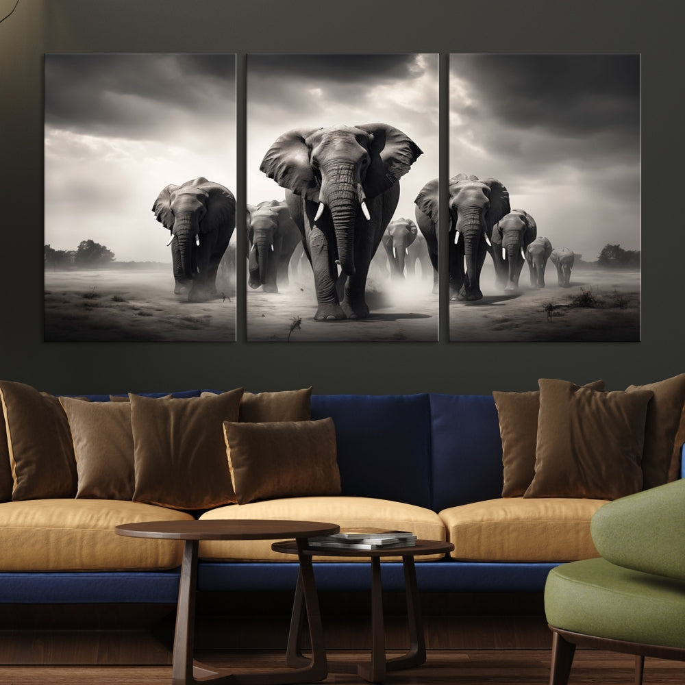 The Black White Elephant Family Wall Art Canvas Print is a stunning triptych artwork featuring elephants marching, displayed on a museum-quality canvas. Enjoy its UV-protective coating that ensures lasting beauty.