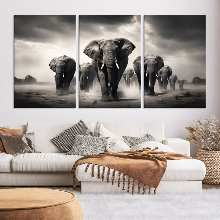 The Black White Elephant Family Wall Art Canvas Print is a stunning triptych artwork featuring elephants marching, displayed on a museum-quality canvas. Enjoy its UV-protective coating that ensures lasting beauty.