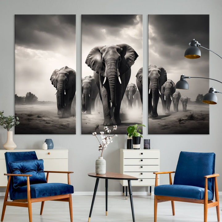 The Black White Elephant Family Wall Art Canvas Print is a stunning triptych artwork featuring elephants marching, displayed on a museum-quality canvas. Enjoy its UV-protective coating that ensures lasting beauty.