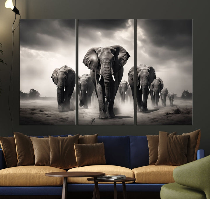 The Black White Elephant Family Wall Art Canvas Print is a stunning triptych artwork featuring elephants marching, displayed on a museum-quality canvas. Enjoy its UV-protective coating that ensures lasting beauty.