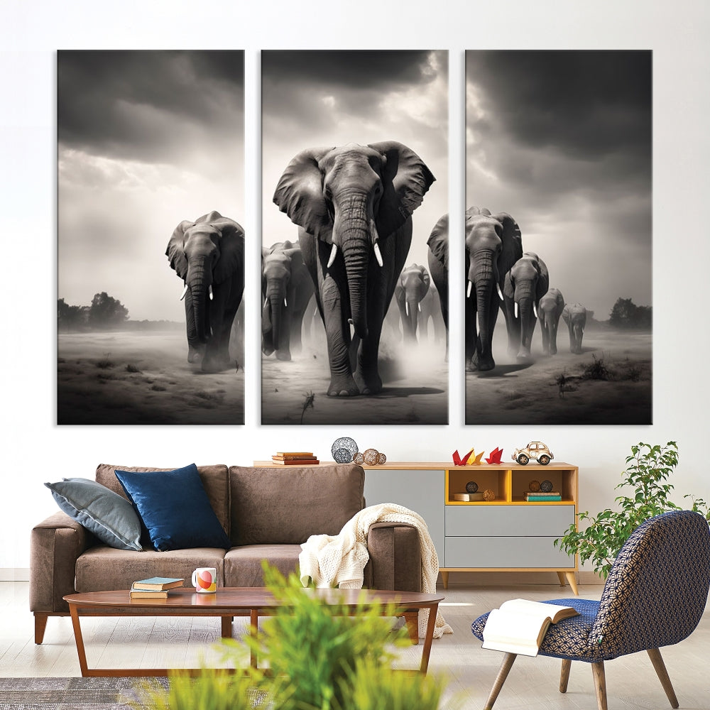 The Black White Elephant Family Wall Art Canvas Print is a stunning triptych artwork featuring elephants marching, displayed on a museum-quality canvas. Enjoy its UV-protective coating that ensures lasting beauty.