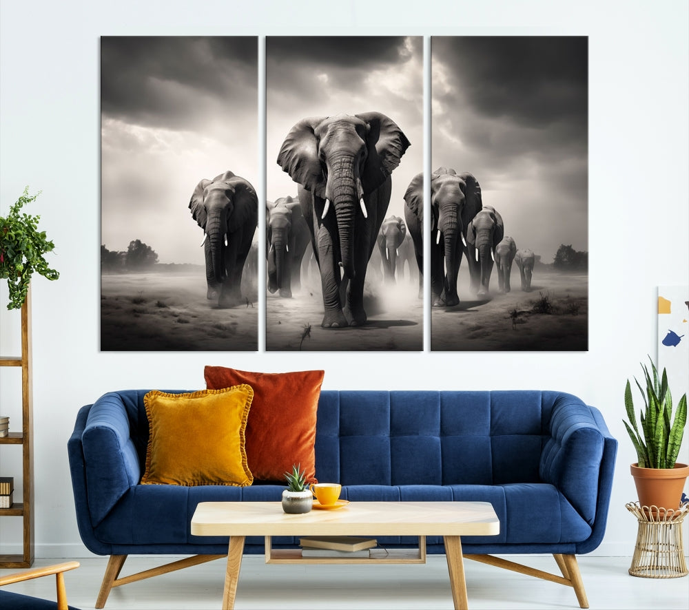 The Black White Elephant Family Wall Art Canvas Print is a stunning triptych artwork featuring elephants marching, displayed on a museum-quality canvas. Enjoy its UV-protective coating that ensures lasting beauty.