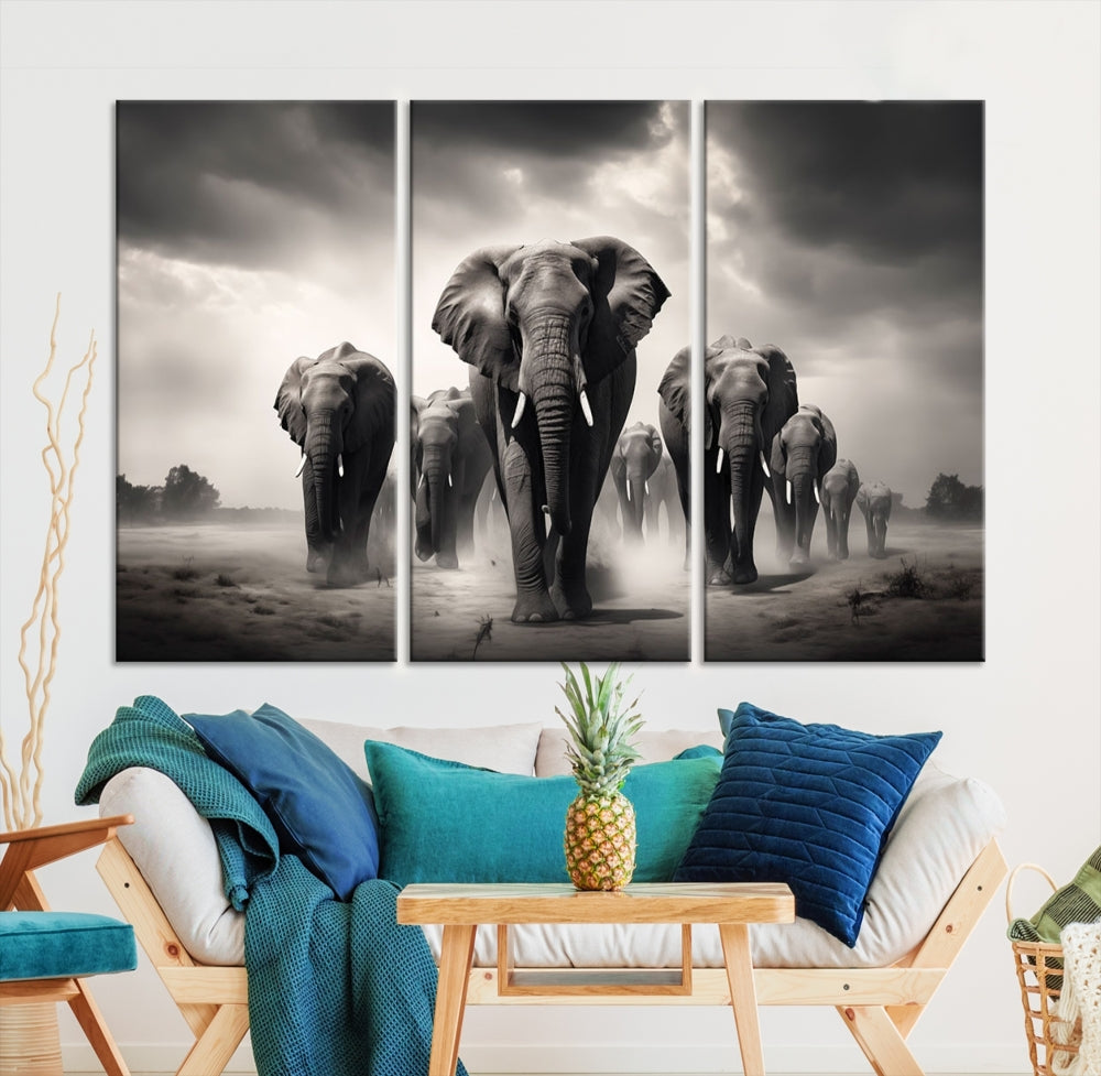 The Black White Elephant Family Wall Art Canvas Print is a stunning triptych artwork featuring elephants marching, displayed on a museum-quality canvas. Enjoy its UV-protective coating that ensures lasting beauty.