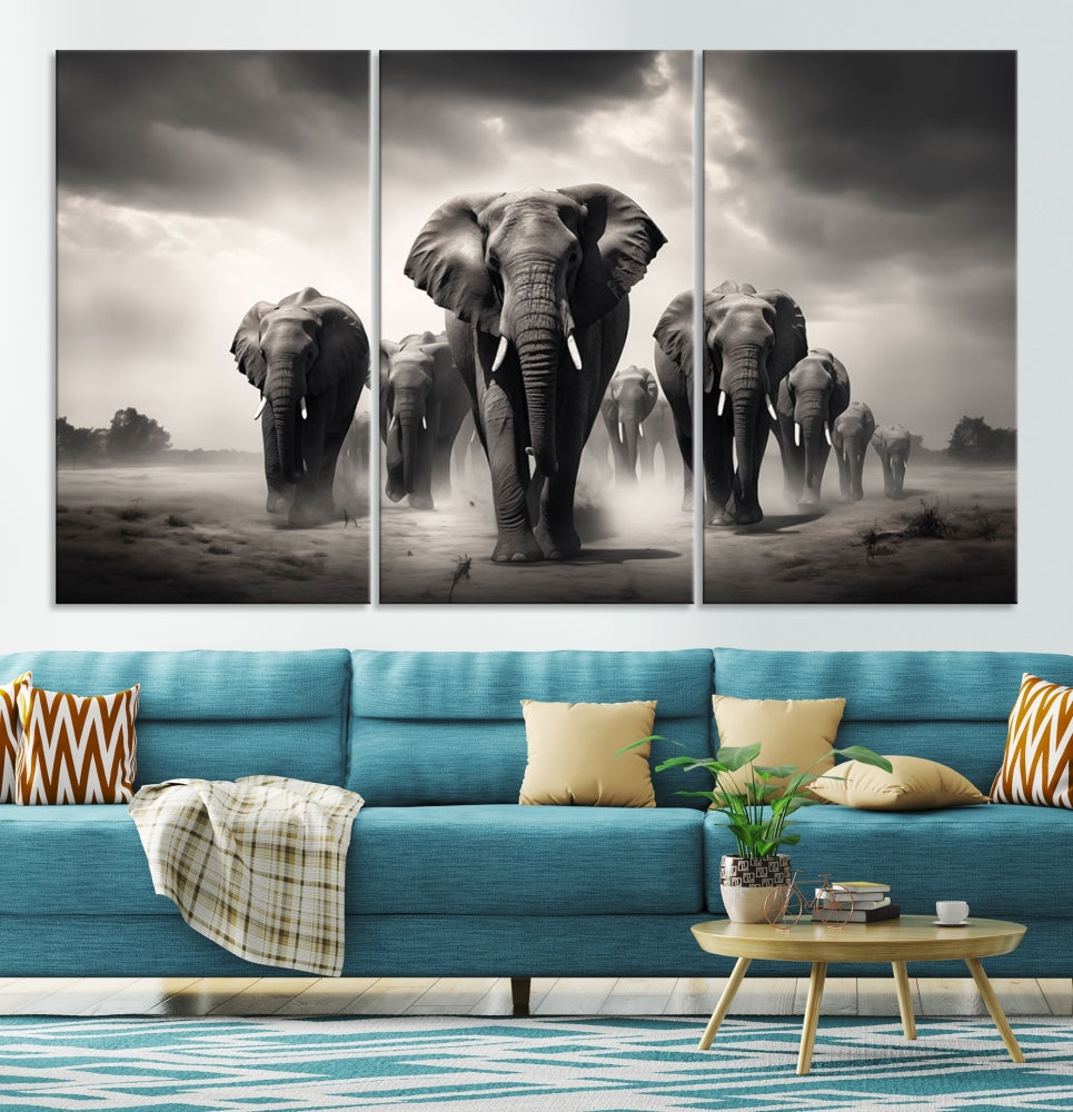 The Black White Elephant Family Wall Art Canvas Print is a stunning triptych artwork featuring elephants marching, displayed on a museum-quality canvas. Enjoy its UV-protective coating that ensures lasting beauty.