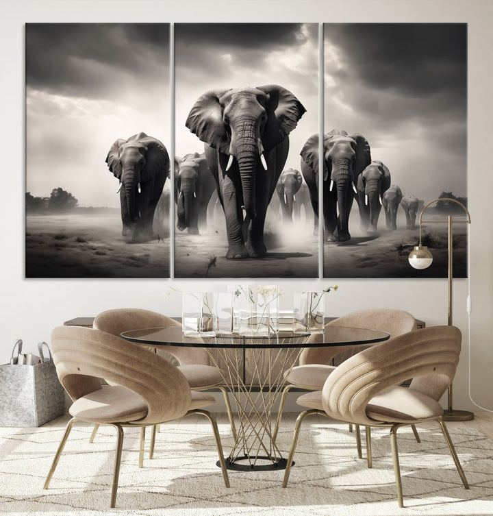 The Black White Elephant Family Wall Art Canvas Print is a stunning triptych artwork featuring elephants marching, displayed on a museum-quality canvas. Enjoy its UV-protective coating that ensures lasting beauty.