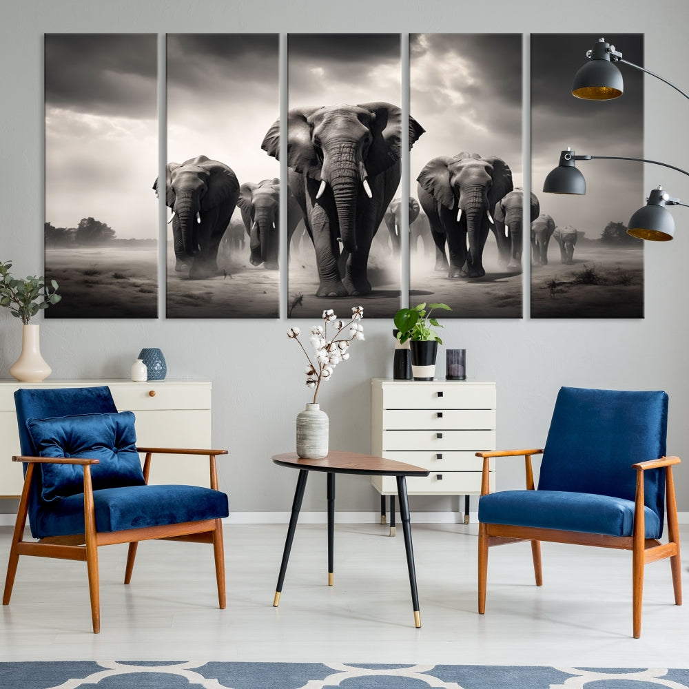 The Black White Elephant Family Wall Art Canvas Print is a stunning triptych artwork featuring elephants marching, displayed on a museum-quality canvas. Enjoy its UV-protective coating that ensures lasting beauty.