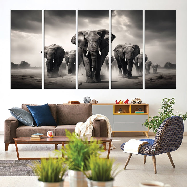 The Black White Elephant Family Wall Art Canvas Print is a stunning triptych artwork featuring elephants marching, displayed on a museum-quality canvas. Enjoy its UV-protective coating that ensures lasting beauty.