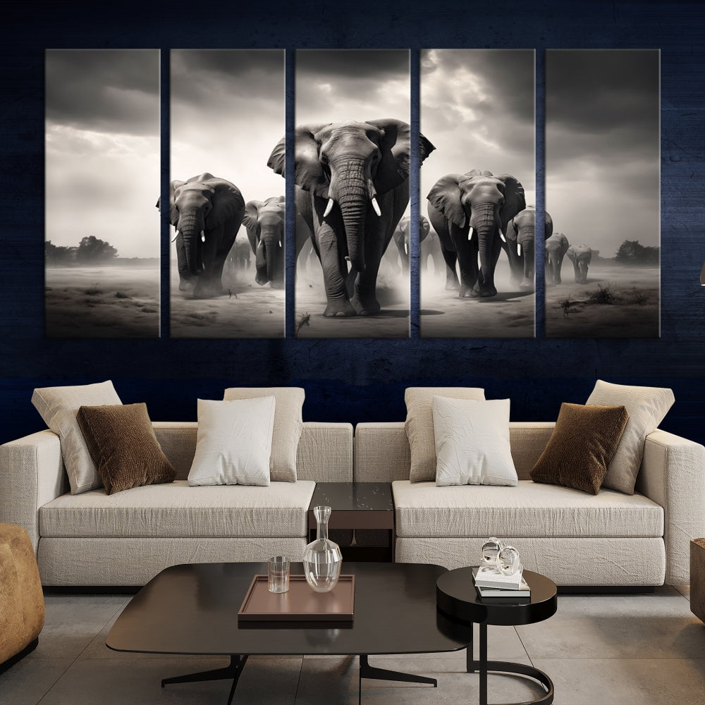 The Black White Elephant Family Wall Art Canvas Print is a stunning triptych artwork featuring elephants marching, displayed on a museum-quality canvas. Enjoy its UV-protective coating that ensures lasting beauty.