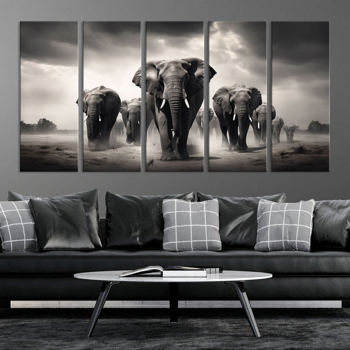 The Black White Elephant Family Wall Art Canvas Print is a stunning triptych artwork featuring elephants marching, displayed on a museum-quality canvas. Enjoy its UV-protective coating that ensures lasting beauty.