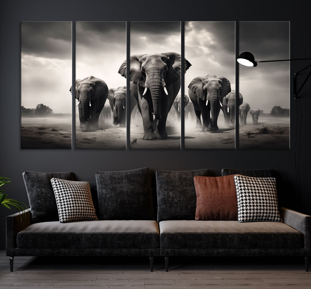 The Black White Elephant Family Wall Art Canvas Print is a stunning triptych artwork featuring elephants marching, displayed on a museum-quality canvas. Enjoy its UV-protective coating that ensures lasting beauty.