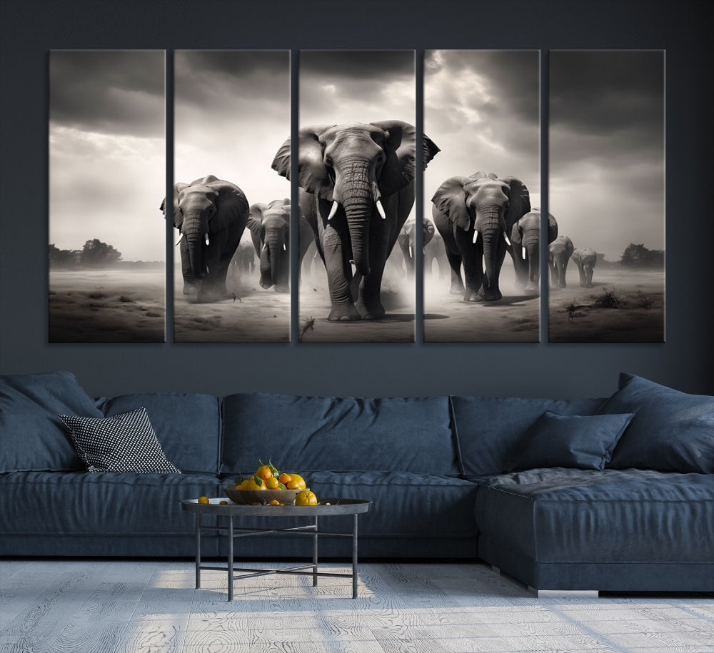 The Black White Elephant Family Wall Art Canvas Print is a stunning triptych artwork featuring elephants marching, displayed on a museum-quality canvas. Enjoy its UV-protective coating that ensures lasting beauty.