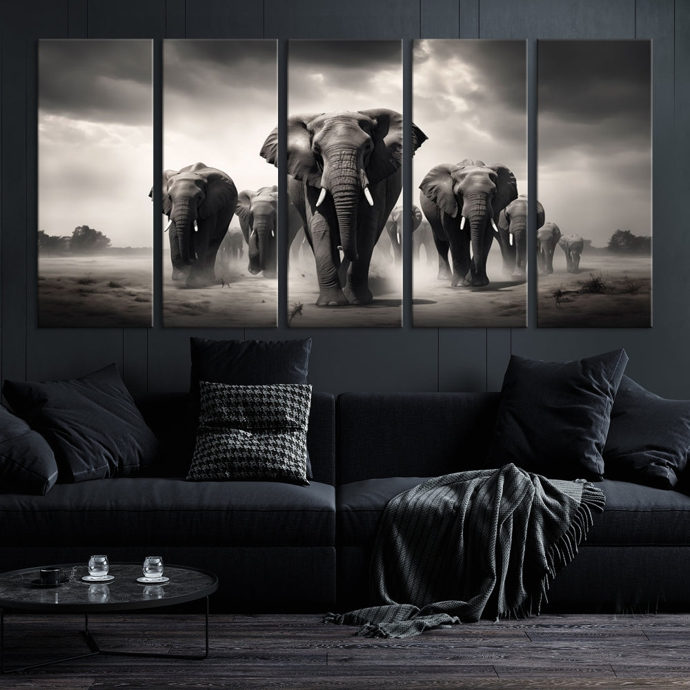 The Black White Elephant Family Wall Art Canvas Print is a stunning triptych artwork featuring elephants marching, displayed on a museum-quality canvas. Enjoy its UV-protective coating that ensures lasting beauty.