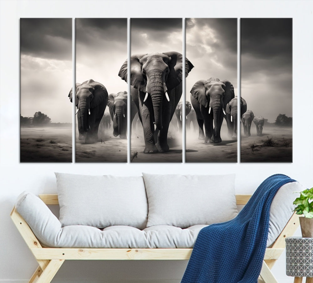 The Black White Elephant Family Wall Art Canvas Print is a stunning triptych artwork featuring elephants marching, displayed on a museum-quality canvas. Enjoy its UV-protective coating that ensures lasting beauty.