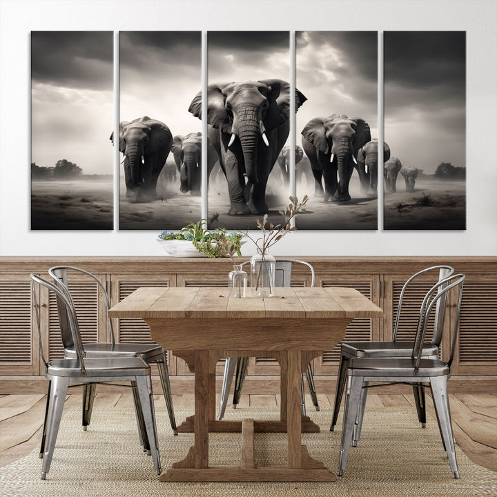 The Black White Elephant Family Wall Art Canvas Print is a stunning triptych artwork featuring elephants marching, displayed on a museum-quality canvas. Enjoy its UV-protective coating that ensures lasting beauty.