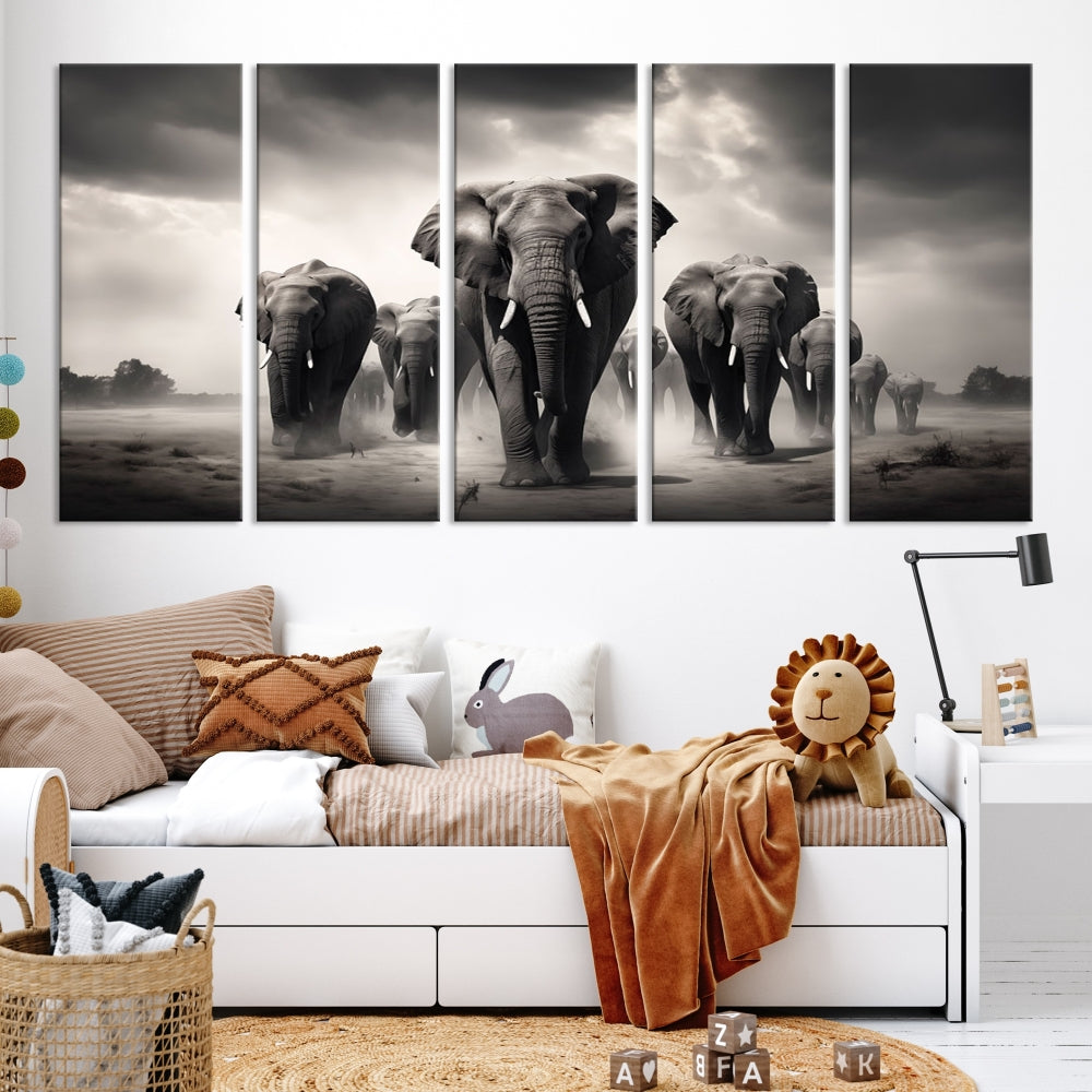 The Black White Elephant Family Wall Art Canvas Print is a stunning triptych artwork featuring elephants marching, displayed on a museum-quality canvas. Enjoy its UV-protective coating that ensures lasting beauty.