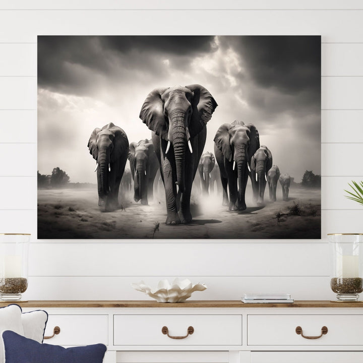 The Black White Elephant Family Wall Art Canvas Print is a stunning triptych artwork featuring elephants marching, displayed on a museum-quality canvas. Enjoy its UV-protective coating that ensures lasting beauty.