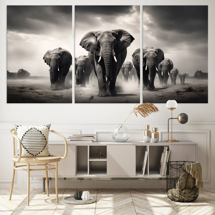 The Black White Elephant Family Wall Art Canvas Print is a stunning triptych artwork featuring elephants marching, displayed on a museum-quality canvas. Enjoy its UV-protective coating that ensures lasting beauty.