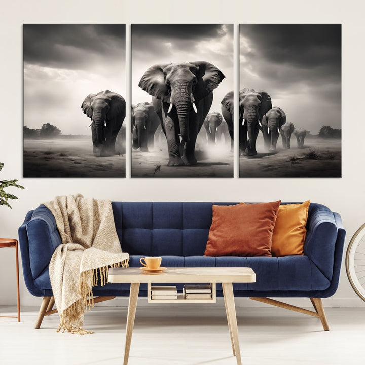 The Black White Elephant Family Wall Art Canvas Print is a stunning triptych artwork featuring elephants marching, displayed on a museum-quality canvas. Enjoy its UV-protective coating that ensures lasting beauty.