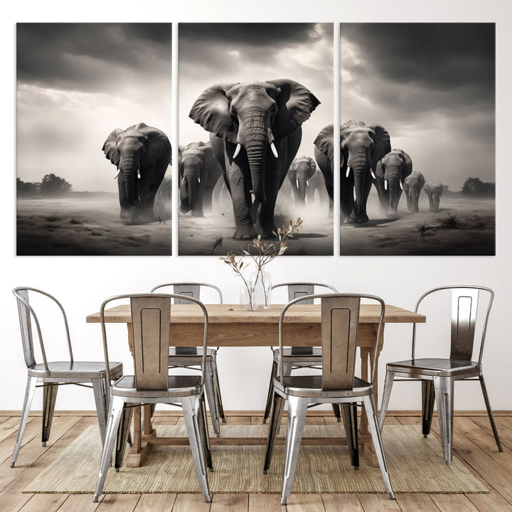 The Black White Elephant Family Wall Art Canvas Print is a stunning triptych artwork featuring elephants marching, displayed on a museum-quality canvas. Enjoy its UV-protective coating that ensures lasting beauty.