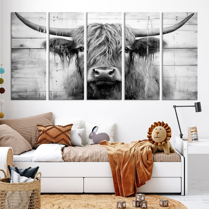 The Black White Highland Cow Wall Art Canvas Print, crafted on museum-quality canvases with a UV-protective coating, adds an elegant touch to the rustic wooden backdrop.