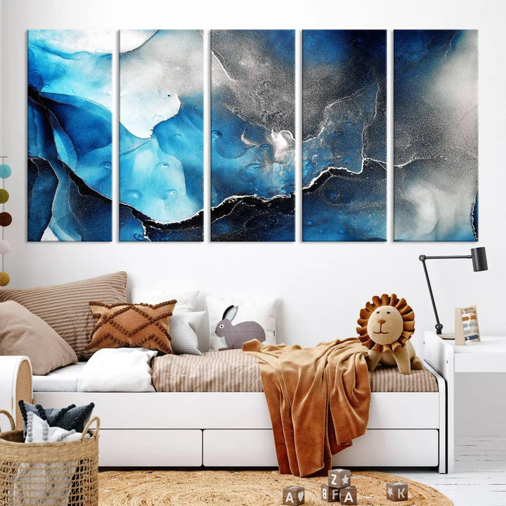 The Blue and Black Marble Fluid Effect Wall Art Abstract Canvas Prints feature three dynamic swirling patterns in blue, black, and white. Crafted on museum-quality canvases and enhanced with a UV-protective coating, these prints maintain their vibrant allure over time.