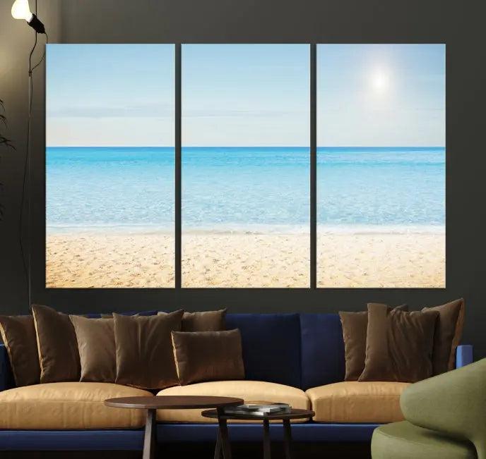 The Blue Beach and Sea Wall Art Canvas Print, arranged in a three-panel beach scene, elegantly decorates a black wall. Transform your space into a coastal oasis with this stunning piece, and enjoy free shipping on your purchase.