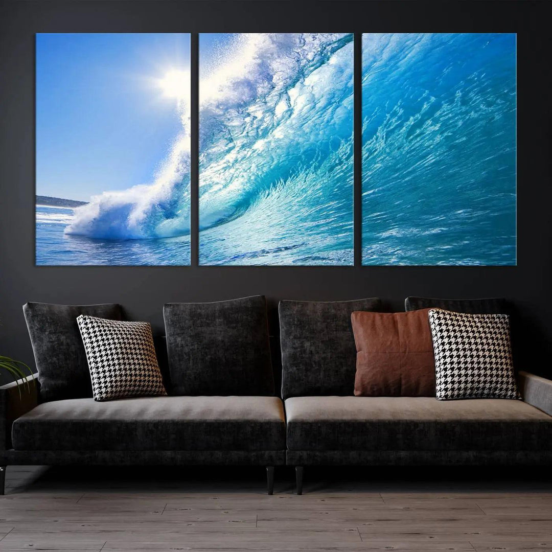 The Blue Big Wave Surfing Ocean Canvas Wall Art establishes a coastal ambiance in this modern living room.