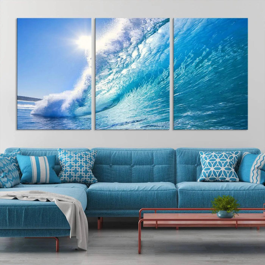 The Blue Big Wave Surfing Ocean Canvas Wall Art establishes a coastal ambiance in this modern living room.