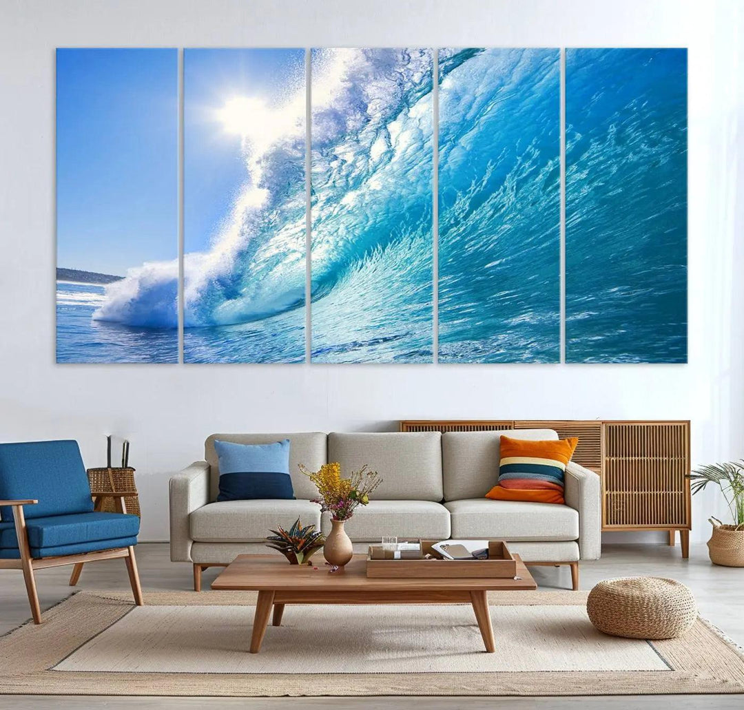 The Blue Big Wave Surfing Ocean Canvas Wall Art establishes a coastal ambiance in this modern living room.