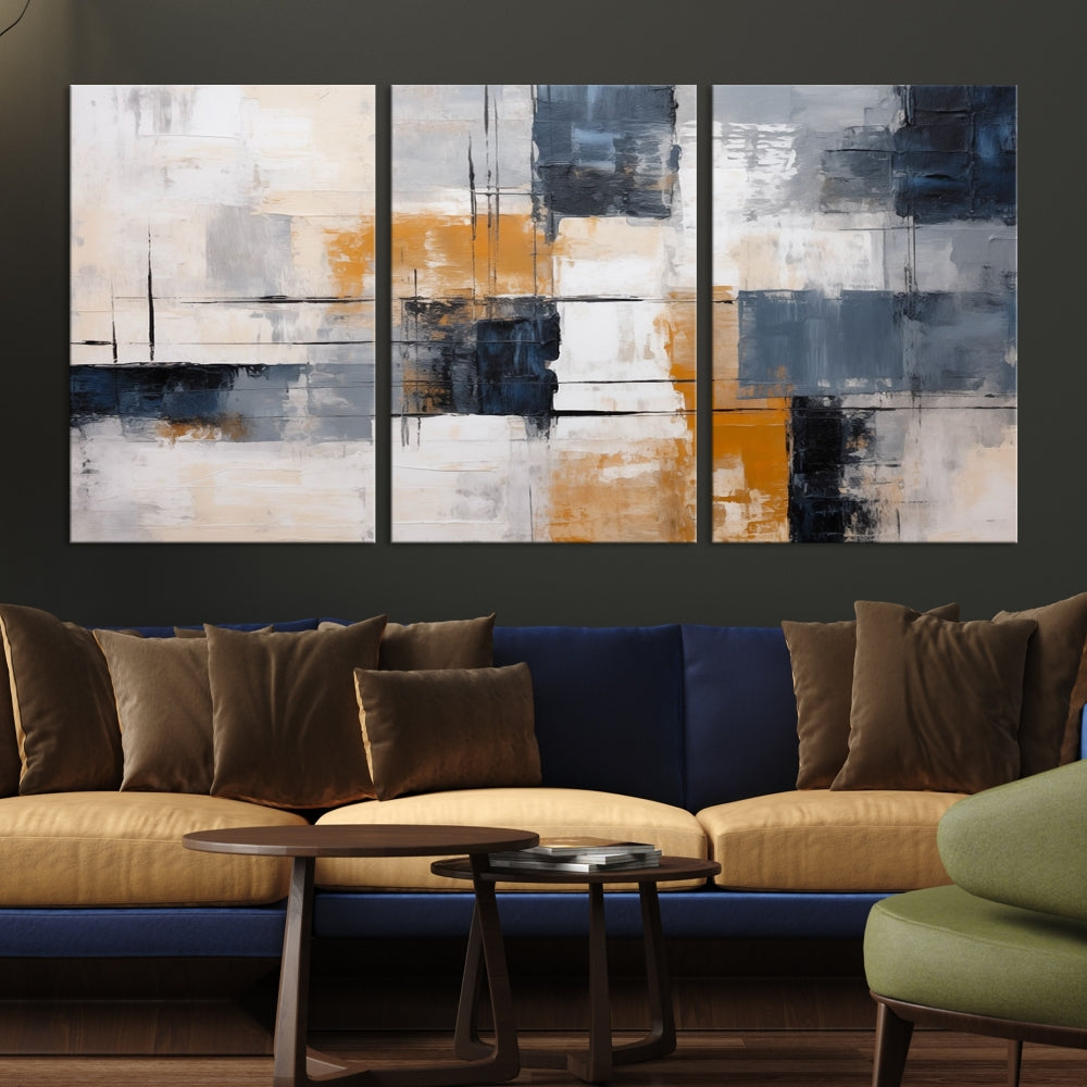 Blue Bright motion composition art, featuring gray, orange, and white blocks on museum-quality canvas with a UV-protective coating, is displayed prominently.