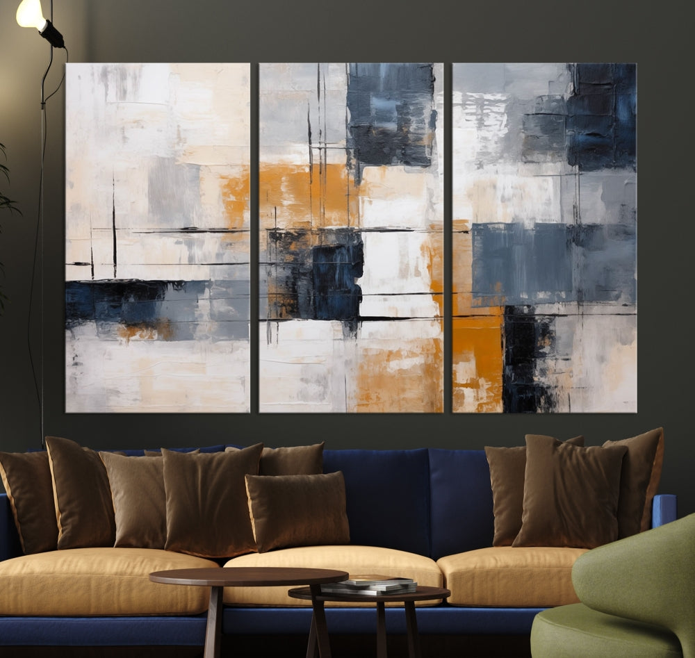 Blue Bright motion composition art, featuring gray, orange, and white blocks on museum-quality canvas with a UV-protective coating, is displayed prominently.