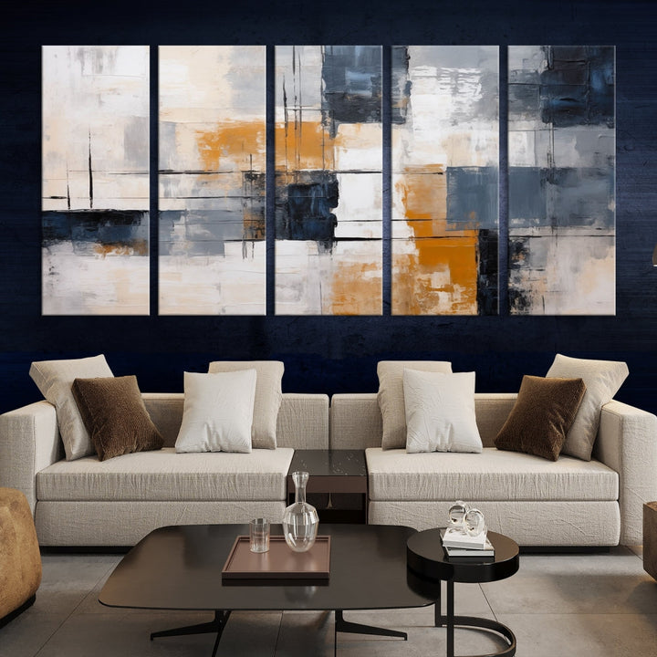 Blue Bright motion composition art, featuring gray, orange, and white blocks on museum-quality canvas with a UV-protective coating, is displayed prominently.